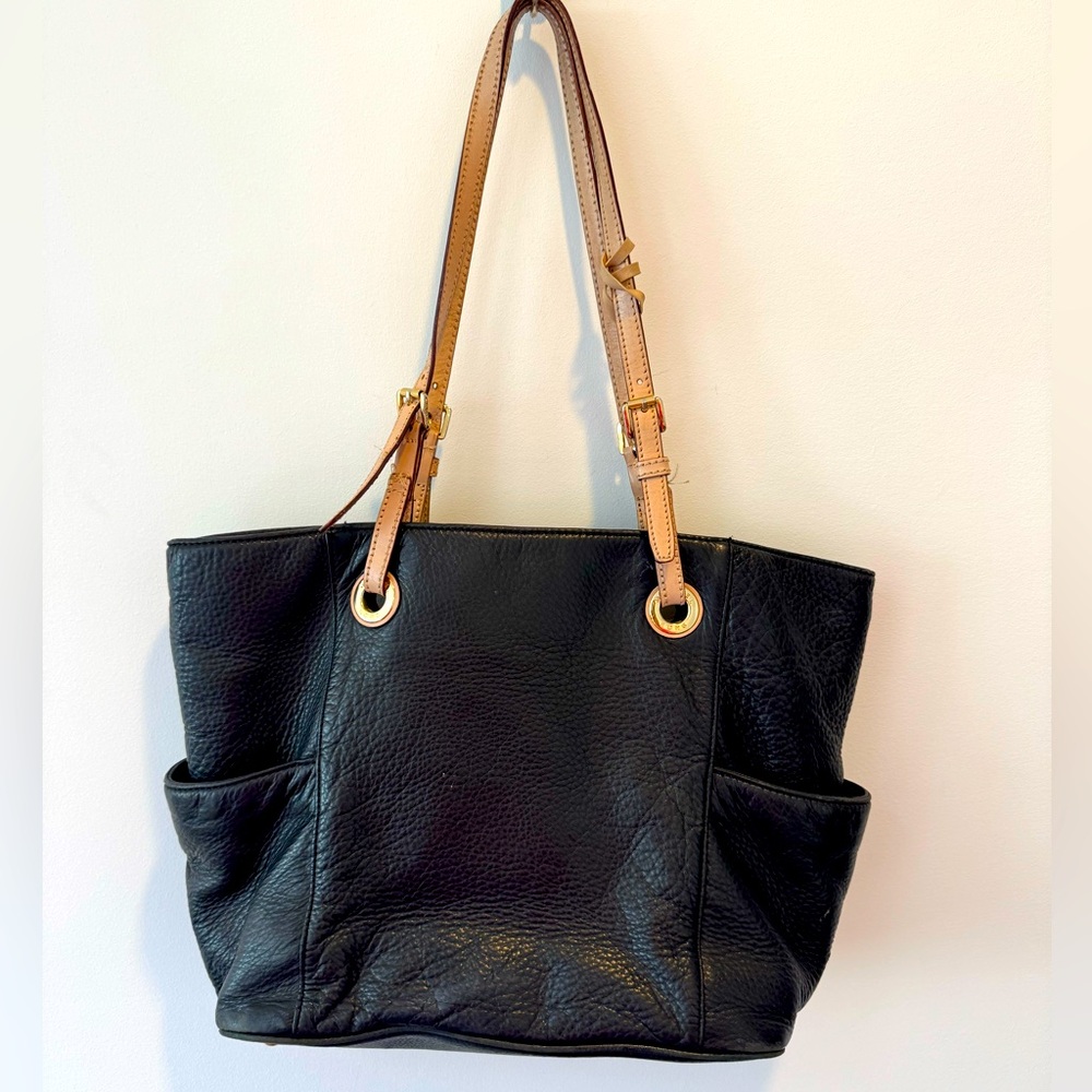 Michael Kors Black Leather and Cream Tote Bag with Gold Hardware